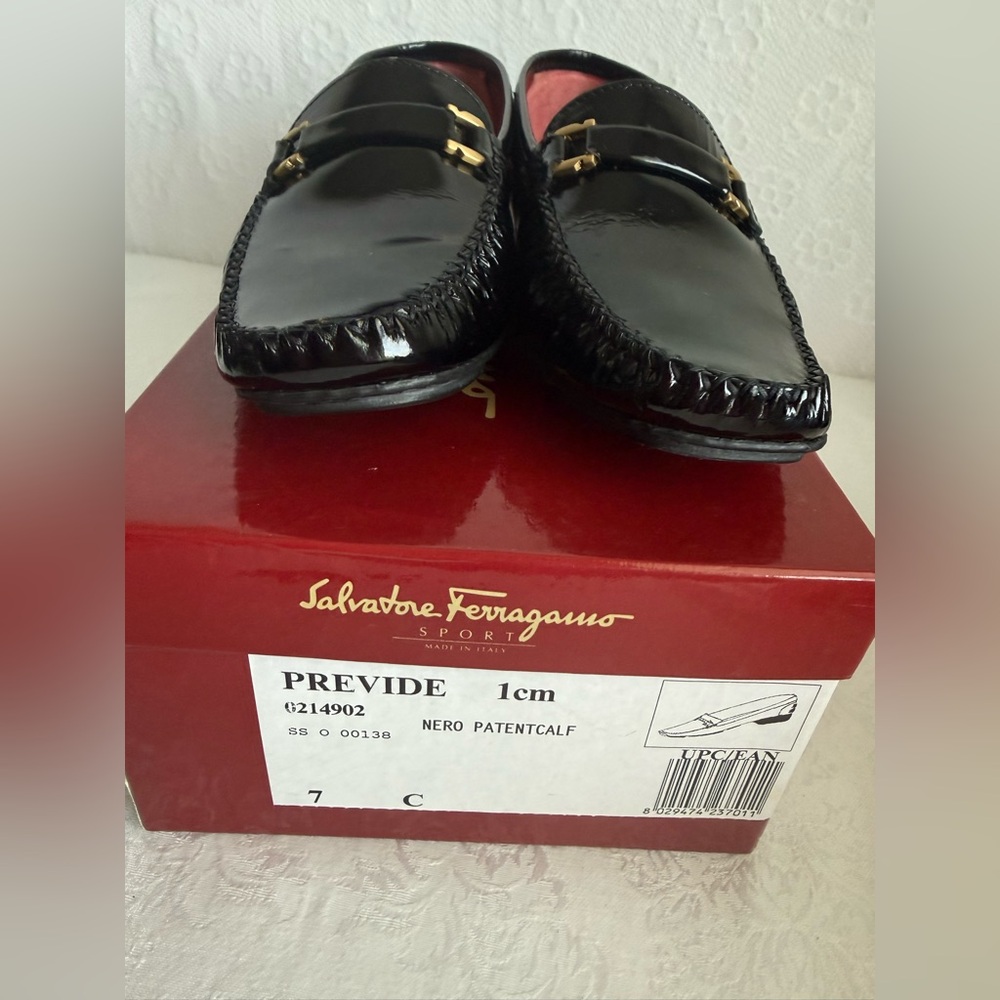 Salvatore Ferragamo Black Patent Leather Loafers with Gold Tone Hardware - Picture 3 of 9